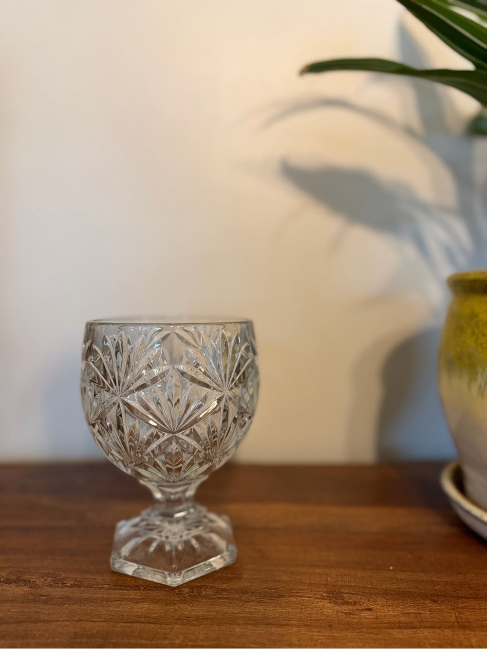Vintage Teleflora Cut Crystal Footed Goblet Vase Hexagonal Base